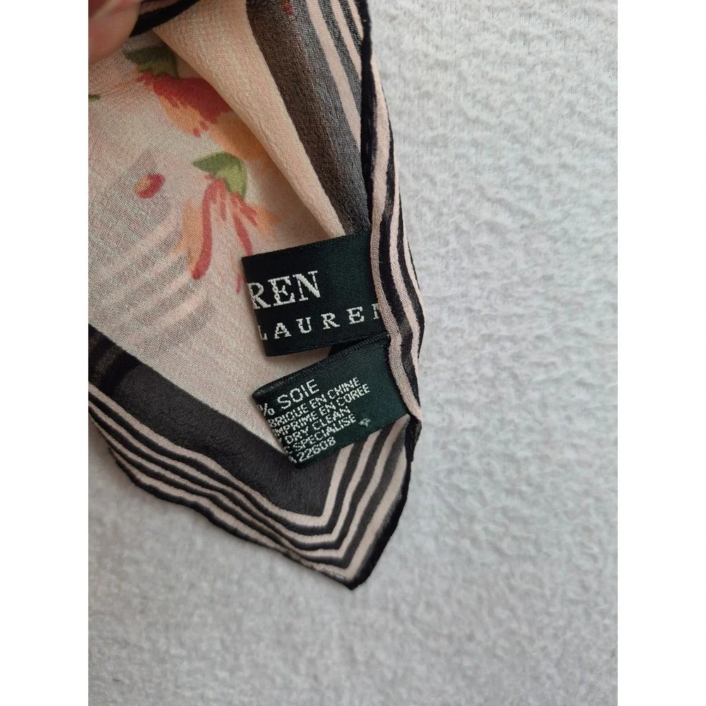 Lauren Ralph Lauren Silk Square Scarf Floral Black Striped Border 21x21 Cottage